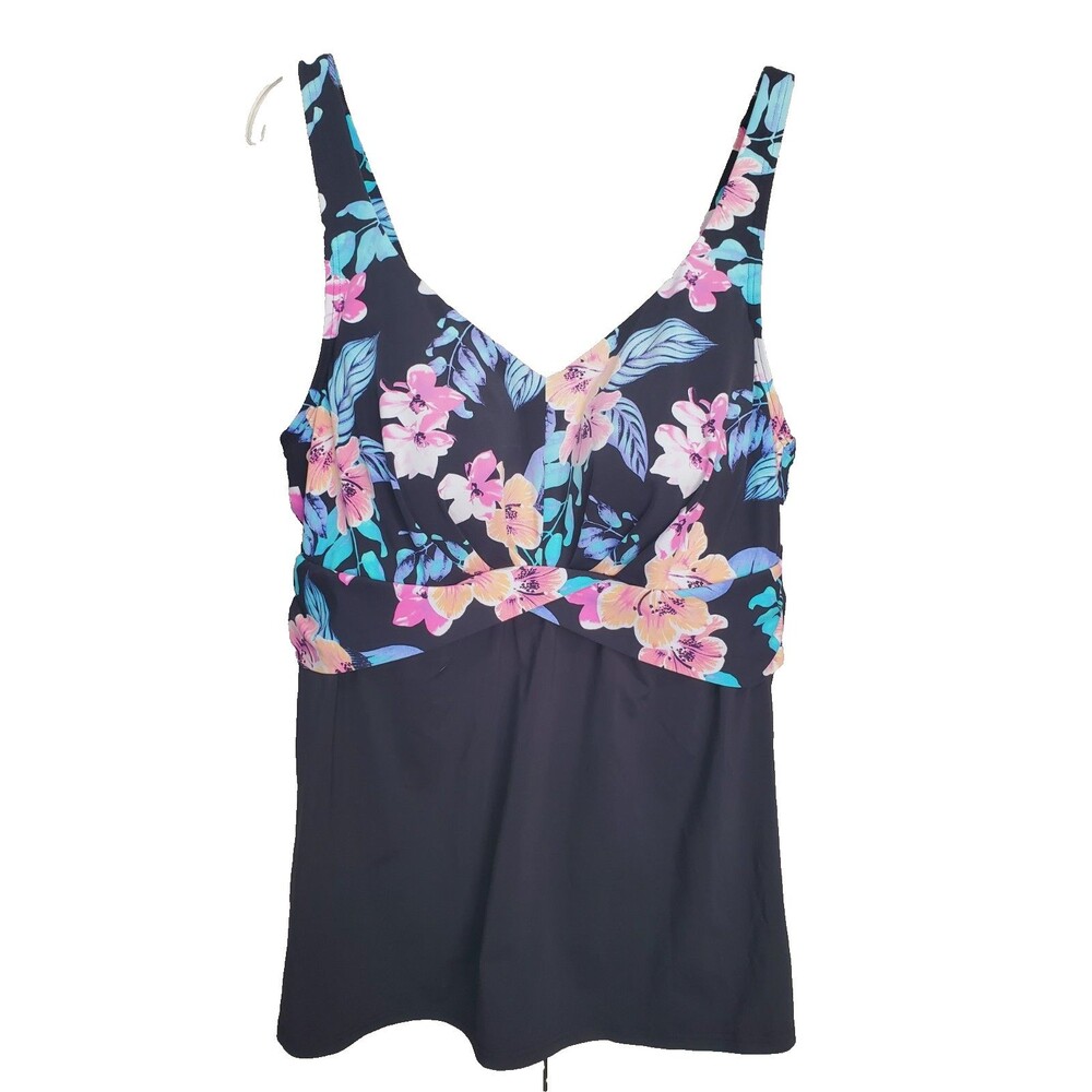 Lands' End Black Floral Tankini Swim Top Size 18W